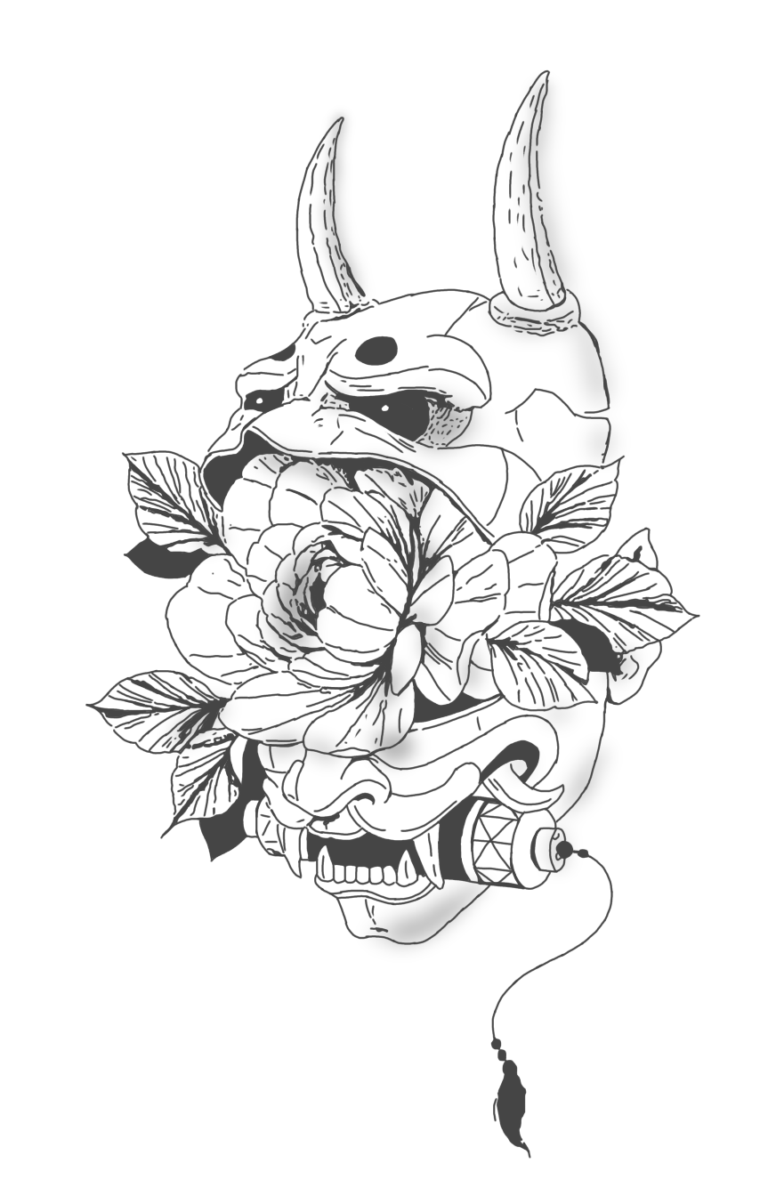 Japanese Oni Mask Tattoo Sketch Design - Demon Mask with Peonies