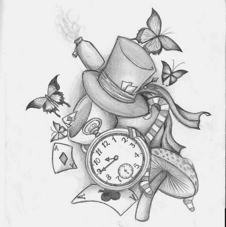 Alice in Wonderland Tattoo Sketch Design - Mad Hatter Theme with Butterflies